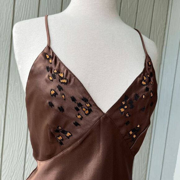 VTG 90s Natori Satin Slip Dress XS/S Leopard Embroidery Crisscross Back - Picture 9 of 9